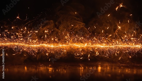 Sparks fly in the dark Abstract fire particles illuminate Blurry bonfire, Fiery flames on a black background with sparks, Flame of fire against the dark background.