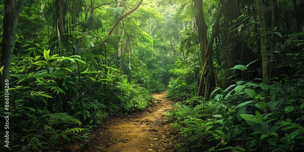 Fototapeta premium Tropical jungles of Southeast Asia Dense Jungle with Towering Trees and Lush Greenery