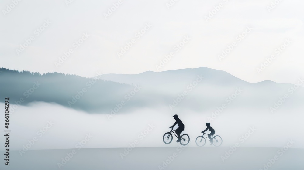 Obraz premium Silhouettes of a mother, father, and child cycling through a misty landscape, rolling hills and fog, surrounded by trees and mountains, magical and serene