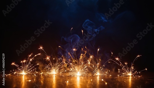 Sparks fly in the dark Abstract fire particles illuminate Blurry bonfire
