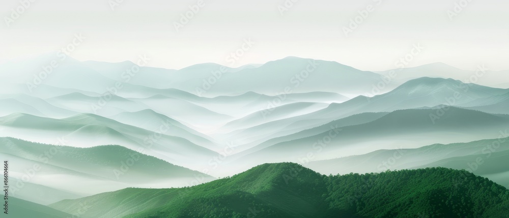 Abstract green nature landscape, lush hills, dense forest, and mountains, magical misty scene, clear sky, embodying abundance and longevity Abstract green nature landscape, lush hills, dense forest, and mountains, magical misty scene, clear sky, embodying abundance and longevity