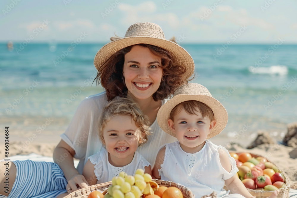 © eaglesky - A happy mother and her two young children enjoying a picnic on a sunny beach. © eaglesky - A happy mother and her two young children enjoying a picnic on a sunny beach.