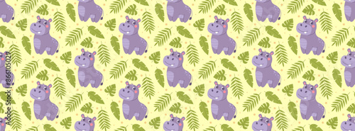Childrens cute background. Safari animal repeating pattern. Hippopotamus ornament.