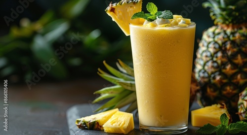 Creamy Pineapple Smoothie With Whipped Cream and Fresh Mint
