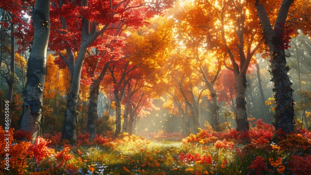 Sunlight streams through a vibrant autumn forest path, trees ablaze with red and orange leaves. Concept of fall, nature, scenery, beauty. Sunlight streams through a vibrant autumn forest path, trees ablaze with red and orange leaves. Concept of fall, nature, scenery, beauty.