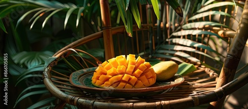 A plate displaying various fruits, including sliced mango, is positioned on a wooden chair near a big wicker basket and palm leaves, creating a picturesque copy space image. photo