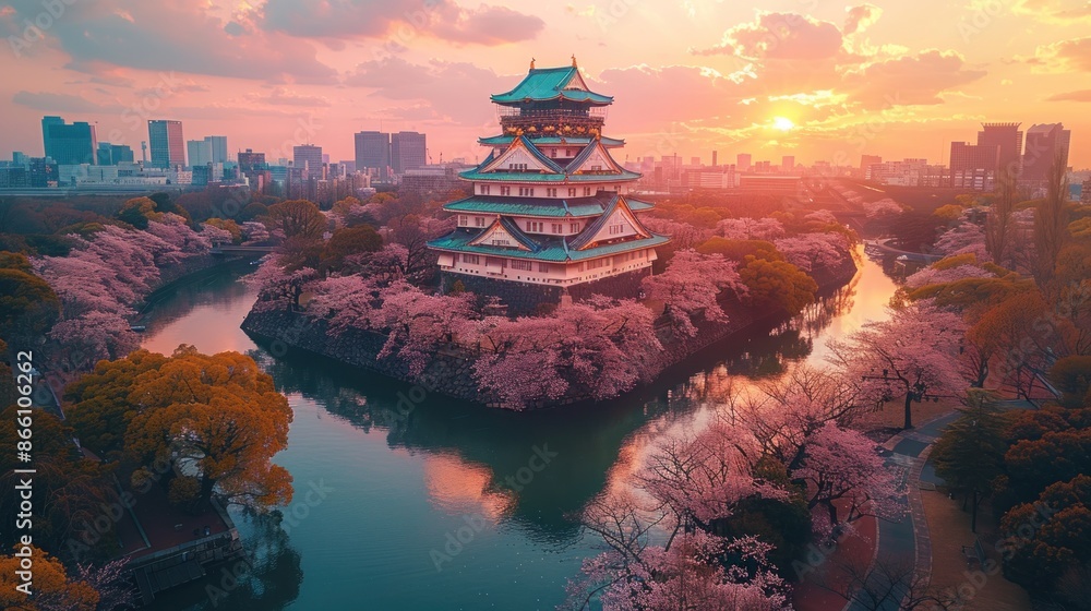 Fototapeta premium Drone shot of the Osaka Castle surrounded by cherry blossoms in spring