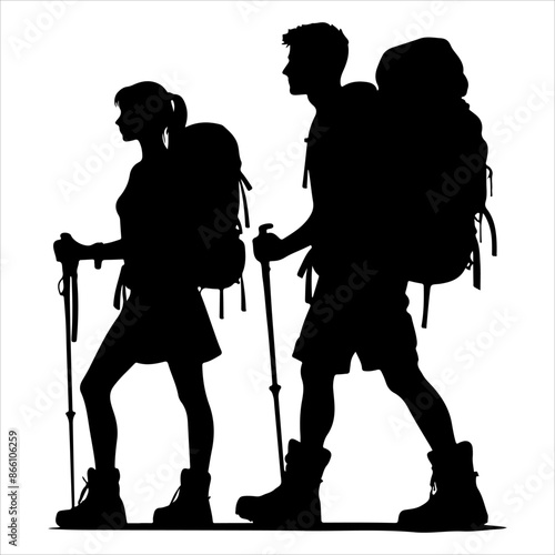 Silhouette of hiker. Collection of male and female hiker. mountaineer climber hiker people, vector silhouette collection. hiking man and woman with rucksack silhouette. Backpacker and climber people.