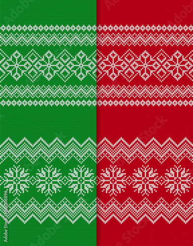 Set of Christmas knit patterns. Knitted Xmas seamless background. Festive winter green and red print. Sweater texture with snowflakes. Holiday fair traditional ornaments. Vector illustration.
