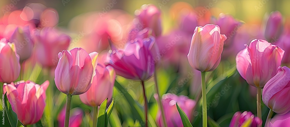 Obraz premium A close-up of vibrant pink tulips with a blurred field in the background, creating a bokeh effect. This outdoor scene is captured during the day, offering a serene view with copy space image.