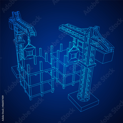 Construction crane tower. Building under construction industrial concept. Wireframe low poly mesh vector illustration.