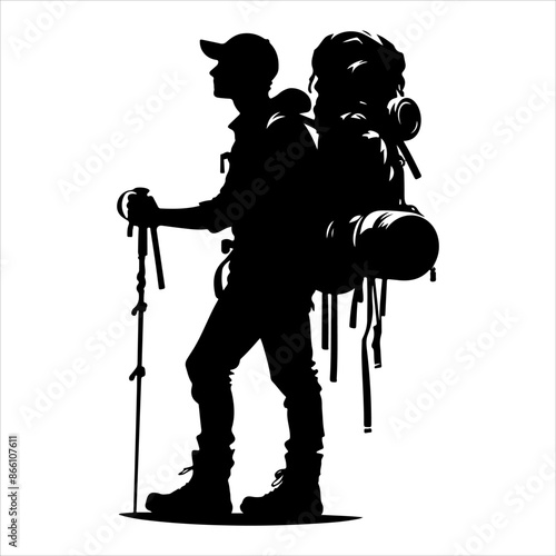 Silhouette of hiker. Collection of male and female hiker. mountaineer climber hiker people, vector silhouette collection. hiking man and woman with rucksack silhouette. Backpacker and climber people.