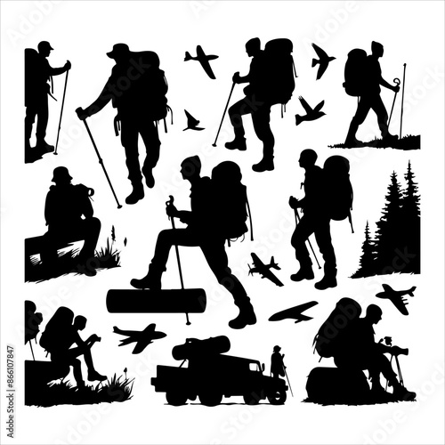 Silhouette of hiker. Collection of male and female hiker. mountaineer climber hiker people, vector silhouette collection. hiking man and woman with rucksack silhouette. Backpacker and climber people.