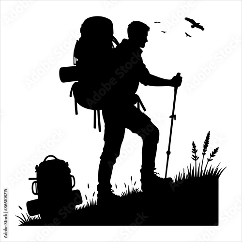 Silhouette of hiker. Collection of male and female hiker. mountaineer climber hiker people, vector silhouette collection. hiking man and woman with rucksack silhouette. Backpacker and climber people.