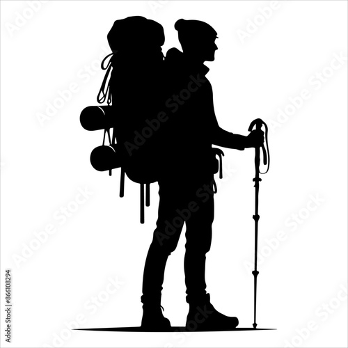 Silhouette of hiker. Collection of male and female hiker. mountaineer climber hiker people, vector silhouette collection. hiking man and woman with rucksack silhouette. Backpacker and climber people.