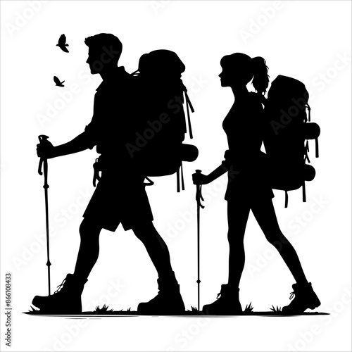 Silhouette of hiker. Collection of male and female hiker. mountaineer climber hiker people, vector silhouette collection. hiking man and woman with rucksack silhouette. Backpacker and climber people.
