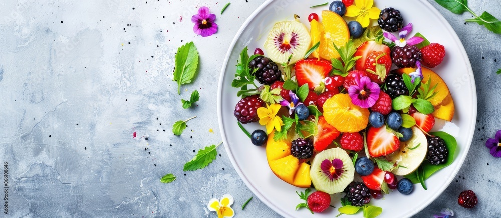 A plate showcasing a tasty, nutritious salad made with fresh fruits, berries, and edible flowers, emphasizing clean eating in a top view copy space image. A plate showcasing a tasty, nutritious salad made with fresh fruits, berries, and edible flowers, emphasizing clean eating in a top view copy space image.
