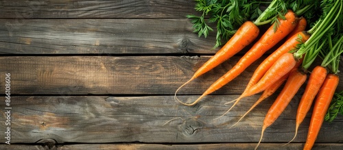 Organic carrots displayed on a wooden table with copy space image.