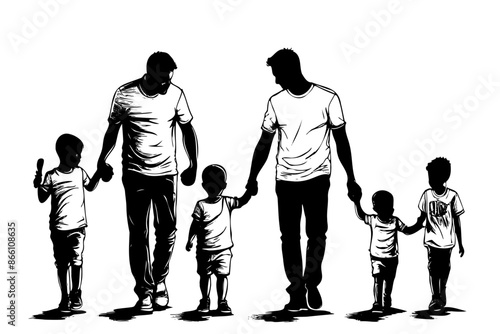 A family of six people, including two men and four children, are walking together. Concept of togetherness and unity, as the family members are all holding hands and walking in a line