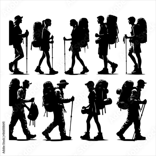 Silhouette of hiker. Collection of male and female hiker. mountaineer climber hiker people, vector silhouette collection. hiking man and woman with rucksack silhouette. Backpacker and climber people.