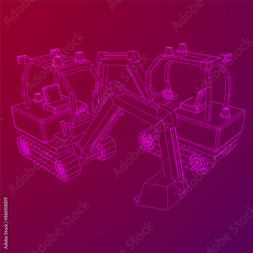 Heavy equipment excavator machine manufacturing power equipment for open pit mining. Wireframe low poly mesh vector illustration