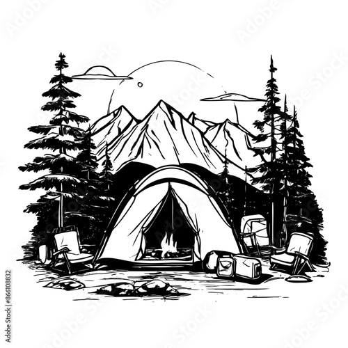 A black and white drawing of a tent in the woods with a mountain in the background