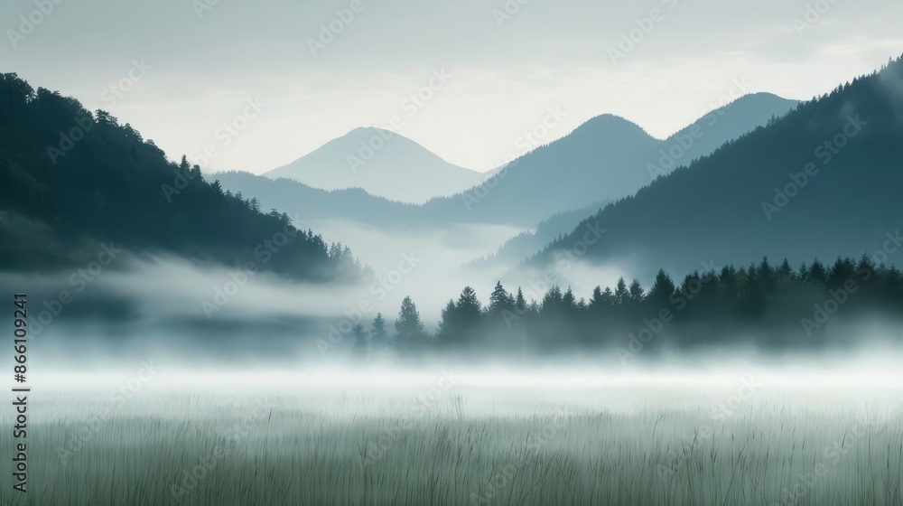 Enchanting misty meadow, silhouette of tall grass, thick fog enveloping forest and mountains, tranquil and mystical, symbolizing abundance Enchanting misty meadow, silhouette of tall grass, thick fog enveloping forest and mountains, tranquil and mystical, symbolizing abundance