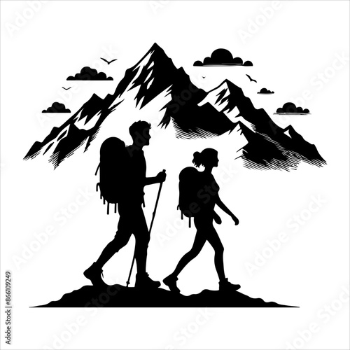 Silhouette of hiker. Collection of male and female hiker. mountaineer climber hiker people, vector silhouette collection. hiking man and woman with rucksack silhouette. Backpacker and climber people.