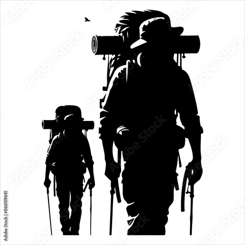 Silhouette of hiker. Collection of male and female hiker. mountaineer climber hiker people, vector silhouette collection. hiking man and woman with rucksack silhouette. Backpacker and climber people.