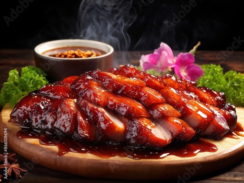 Char Siu (Chinese BBQ Pork): Glazed, roasted pork slices with a sticky, sweet-savory coating. Served on a wooden board with pickled vegetables and a dipping sauce. Chinese cuisine. generative AI photo