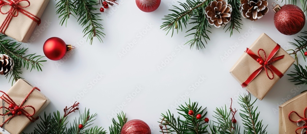Festive holiday-themed arrangement with presents, evergreen branches, and red ornaments set against a white backdrop. Reflects Christmas, winter, and New Year theme. Flat lay, top view, with space Festive holiday-themed arrangement with presents, evergreen branches, and red ornaments set against a white backdrop. Reflects Christmas, winter, and New Year theme. Flat lay, top view, with space