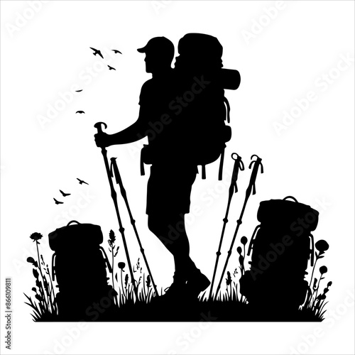 Silhouette of hiker. Collection of male and female hiker. mountaineer climber hiker people, vector silhouette collection. hiking man and woman with rucksack silhouette. Backpacker and climber people.