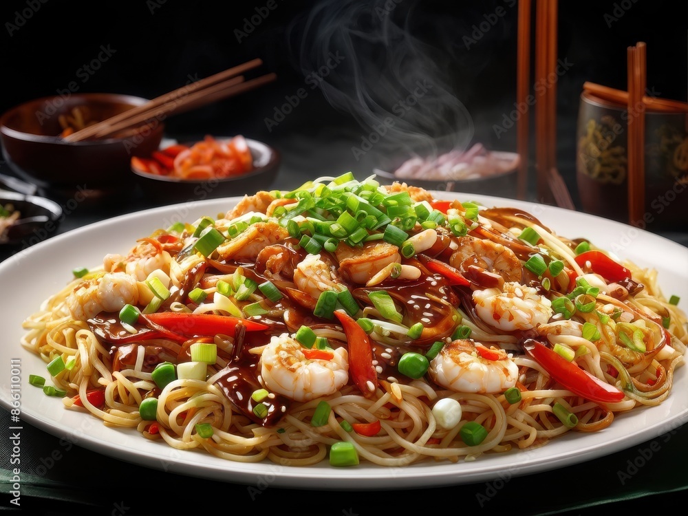 Chow Mein: Stir-fried noodles with a medley of vegetables, chicken, and shrimp, coated in a savory sauce. Chinese cuisine. generative AI Chow Mein: Stir-fried noodles with a medley of vegetables, chicken, and shrimp, coated in a savory sauce. Chinese cuisine. generative AI