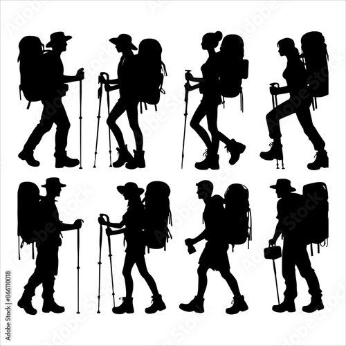 Silhouette of hiker. Collection of male and female hiker. mountaineer climber hiker people, vector silhouette collection. hiking man and woman with rucksack silhouette. Backpacker and climber people.