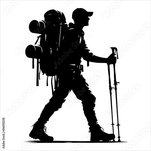 Silhouette of hiker. Collection of male and female hiker. mountaineer climber hiker people, vector silhouette collection. hiking man and woman with rucksack silhouette. Backpacker and climber people.