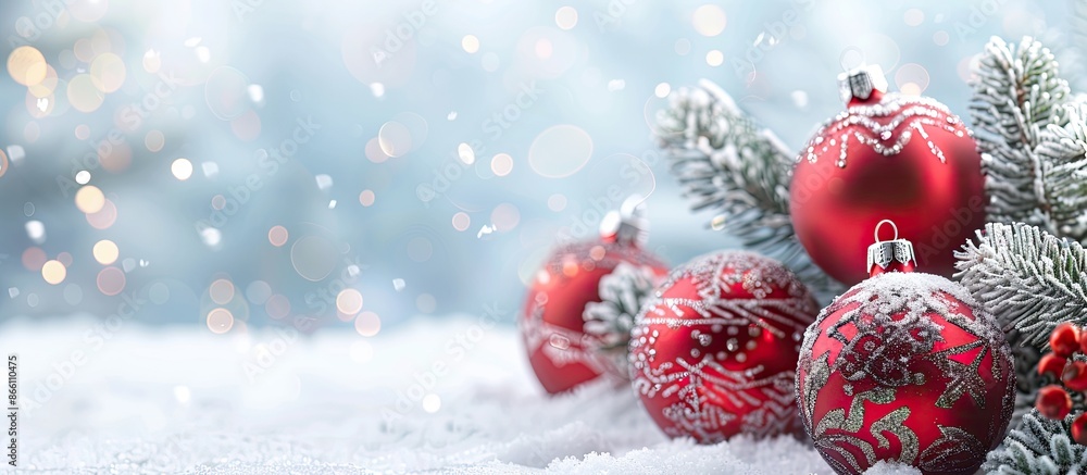 Ornaments adorning a snowy background with copy space image.