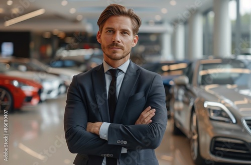 Smiling Car Salesman Standing in Dealership Showroom