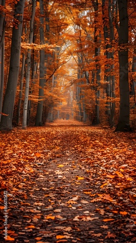 Vibrant Autumn Forest Pathway Covered in Fallen Leaves © Thares2020