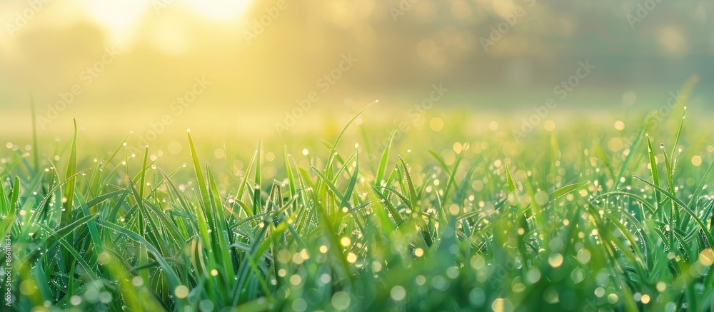 Obraz premium A scenic rural landscape showcasing dew-covered uncut green grass in soft morning light, perfect for nature-themed design projects. Ideal copy space image.