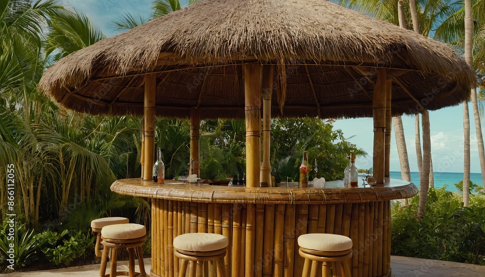 Fototapeta premium Visualize a tropical tiki bar with thatched roofs and bamboo accents serving exotic cocktails