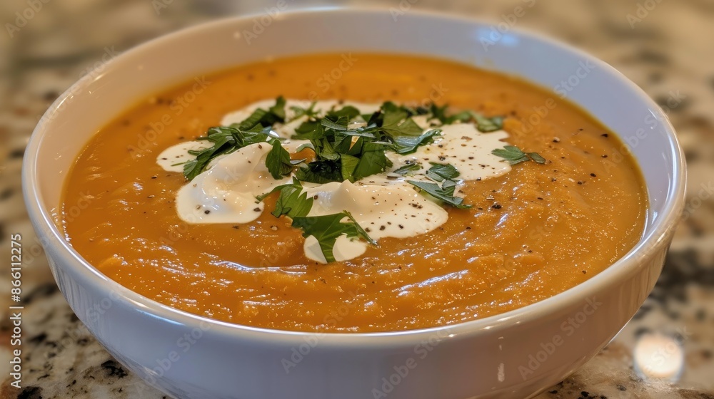 Homemade pumpkin soup topped with cream in a white bowl Homemade pumpkin soup topped with cream in a white bowl