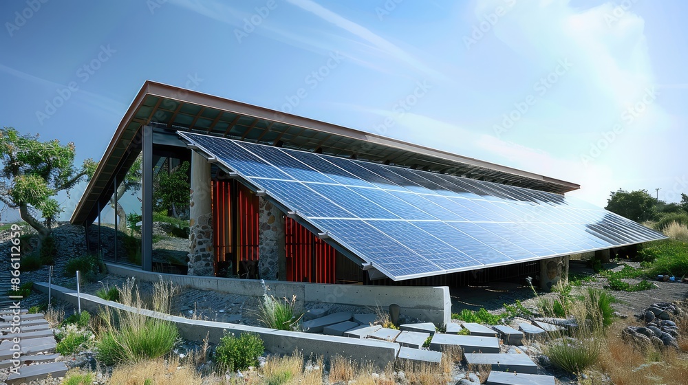 Modern home with rooftop solar panels for sustainable energy. Concept of renewable energy, green living, and eco-friendly housing. Modern home with rooftop solar panels for sustainable energy. Concept of renewable energy, green living, and eco-friendly housing.