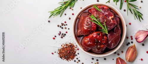 Chicken heart, liver, and stomach with spices on a white background with a copy space image. photo