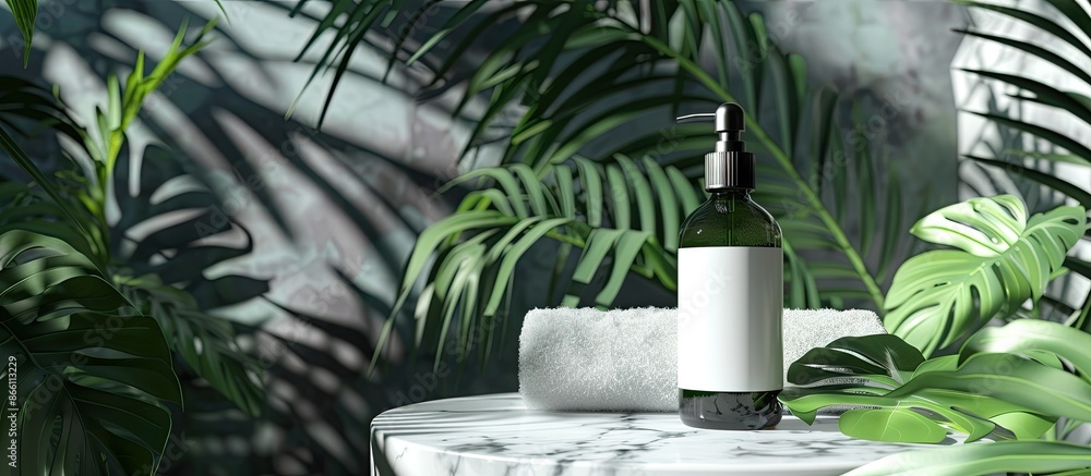 Cosmetic bottle on marble backdrop with spa features, palm leaf towel, and blank label for brand mock-up. Depicts natural beauty product concept with room for copy space image.