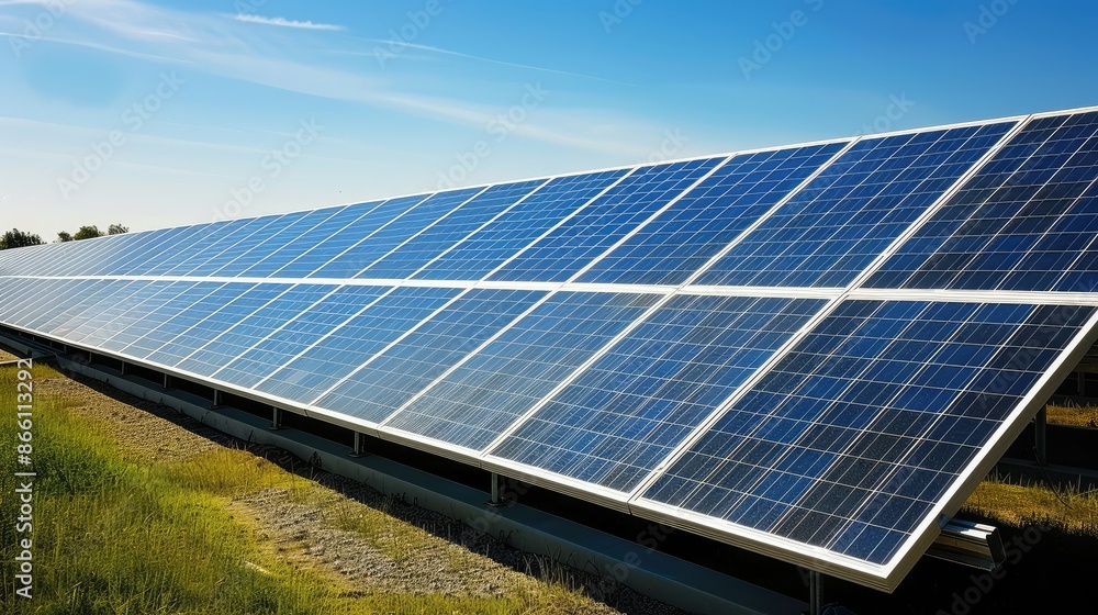 Solar panel farm capturing sunlight to generate clean, renewable energy. Sustainable energy source for a greener future.