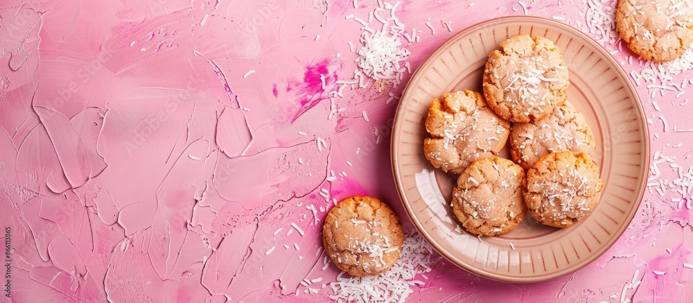 Fototapeta premium Coconut gluten-free cookies on a plate with coconut flakes on a pink textured backdrop, providing copy space for an image.