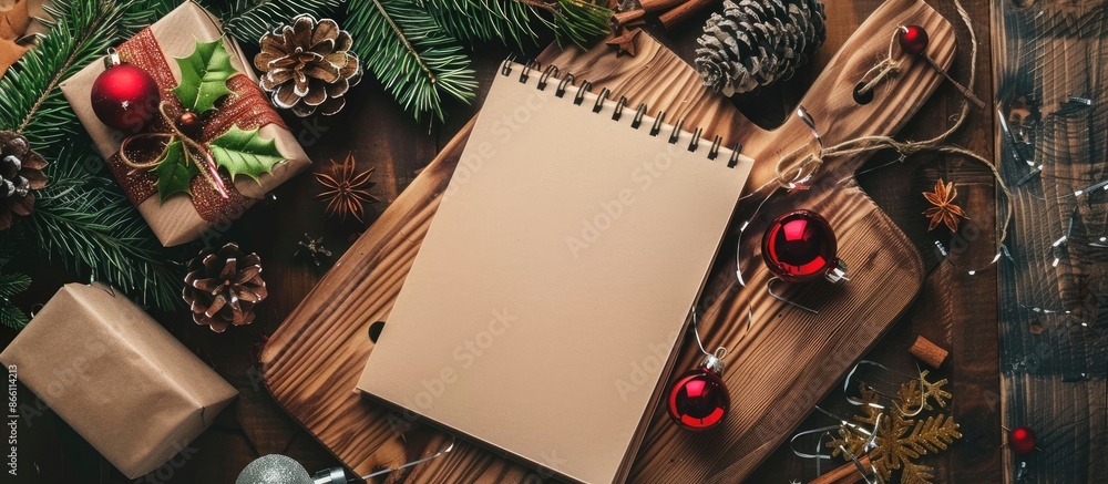 Christmas decorations surround a notebook placed on a wooden cutting board, creating a festive scene with copy space image. Christmas decorations surround a notebook placed on a wooden cutting board, creating a festive scene with copy space image.