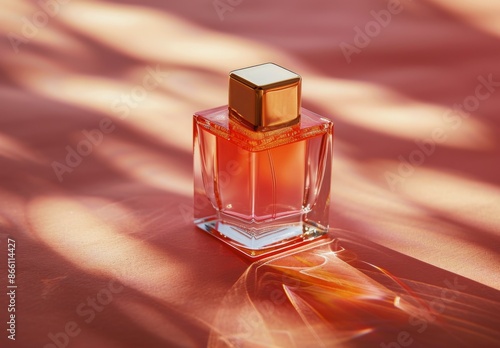 Square Glass Perfume Bottle With Gold Cap on Orange and Pink Gradient Background