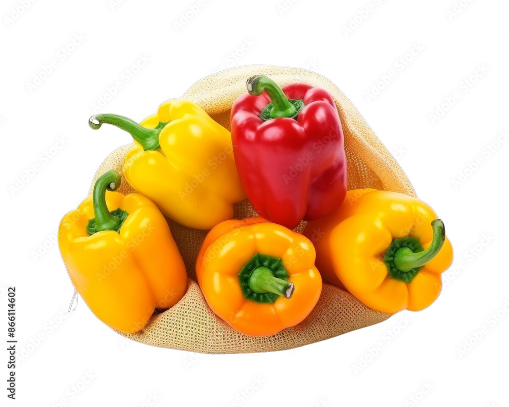 A vibrant assortment of yellow and red bell peppers spilling out of a burlap sack, perfect for culinary and healthy eating concepts. A vibrant assortment of yellow and red bell peppers spilling out of a burlap sack, perfect for culinary and healthy eating concepts.