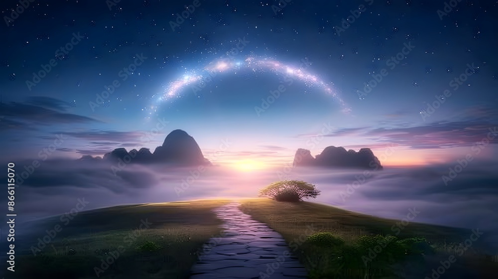 A mystical archway leading to a glowing mist-filled pathway under a cosmic sky. List of Art Media by glowing mist Supernatural fantasy twist realistic A mystical archway leading to a glowing mist-filled pathway under a cosmic sky. List of Art Media by glowing mist Supernatural fantasy twist realistic